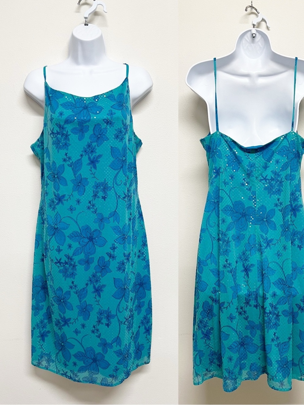 John Roberts Mermaidcore Blue Floral Shiny Iridescent Sequin Y2K 90s Slip Dress